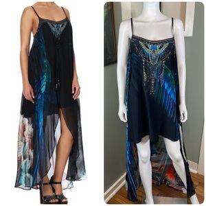 Camilla Night Flight Silk Small High Low Mini Dress Wings Feathers Sheer Caftan